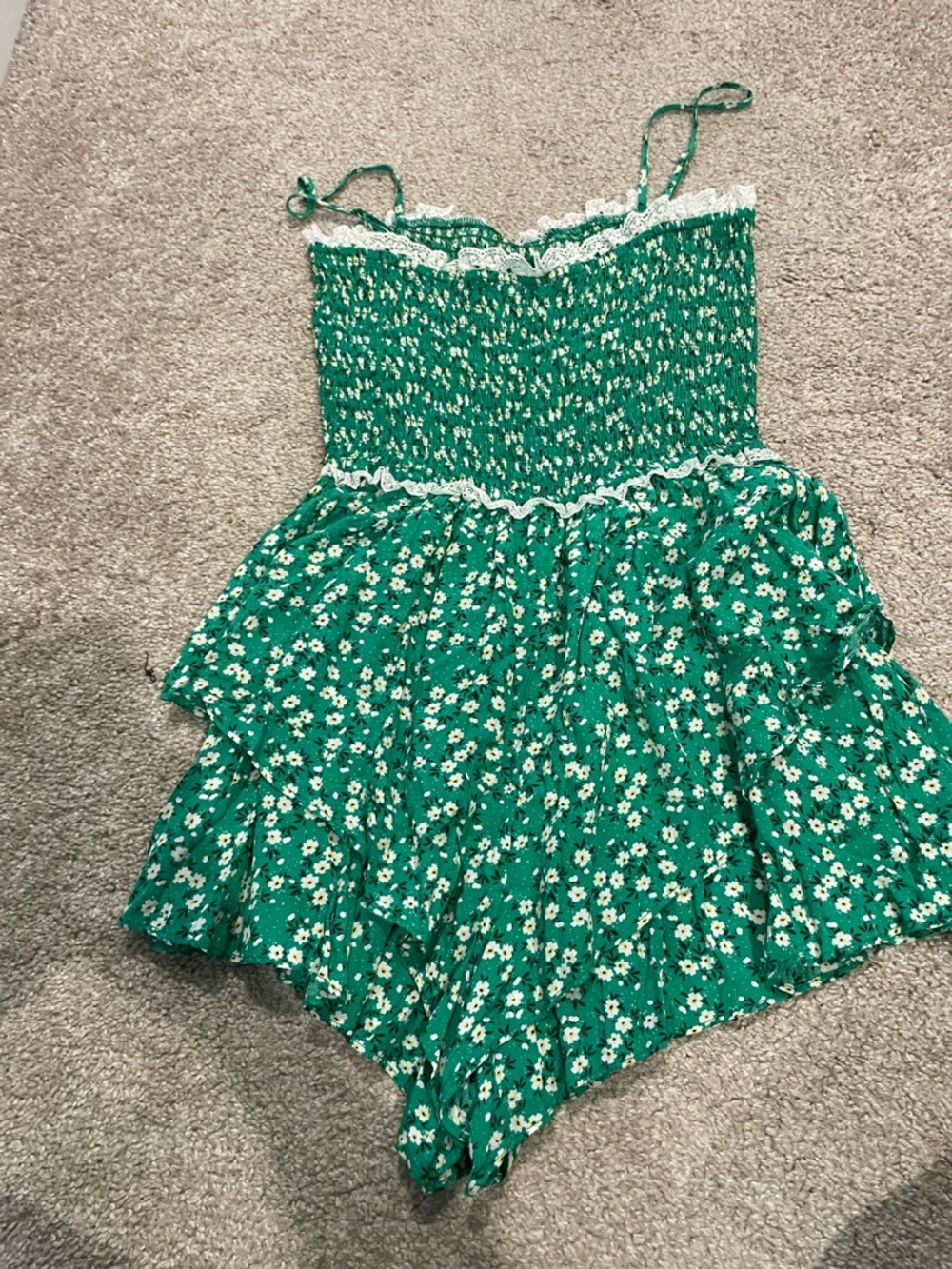Green Floral Smocked Romper with Lace Trim - Picture 3 of 6